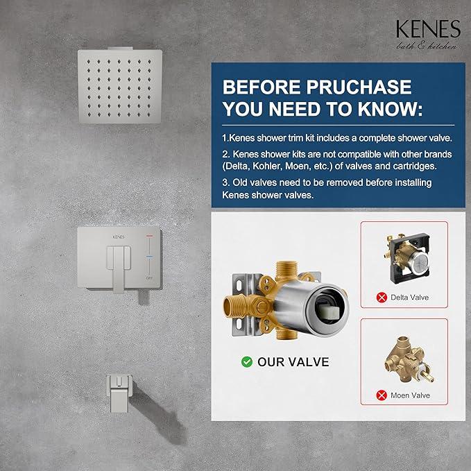 KENES Tub Shower Faucet Set Complete, Brushed Nickel Tub and Shower Trim Kit with 6-Inch Rain Shower Head, Square Shower System, KE-6025A (Shower Valve Included) - ModernBath