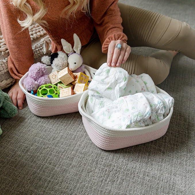 NaturalCozy 5-Piece Rectangle Storage Basket Set- Natural Cotton Rope Woven Baskets for Organizing! Small Basket for Montessori, Baby Nursery, Dog Toy Baskets, Cat Toy Box, Bathroom Organization Bin - ModernBath