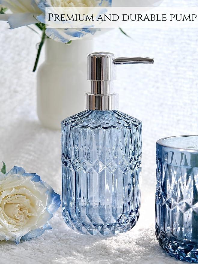 LaMarriti Blue Bathroom Accessories Set, 5Pcs Clear Glass Bathroom Accessories, Hand Soap Dispenser, Soap Dish, Toothbrush Holder Set, Qtips Holder for Crystal Vintage Bath Countertop Decor, Gift Set - ModernBath