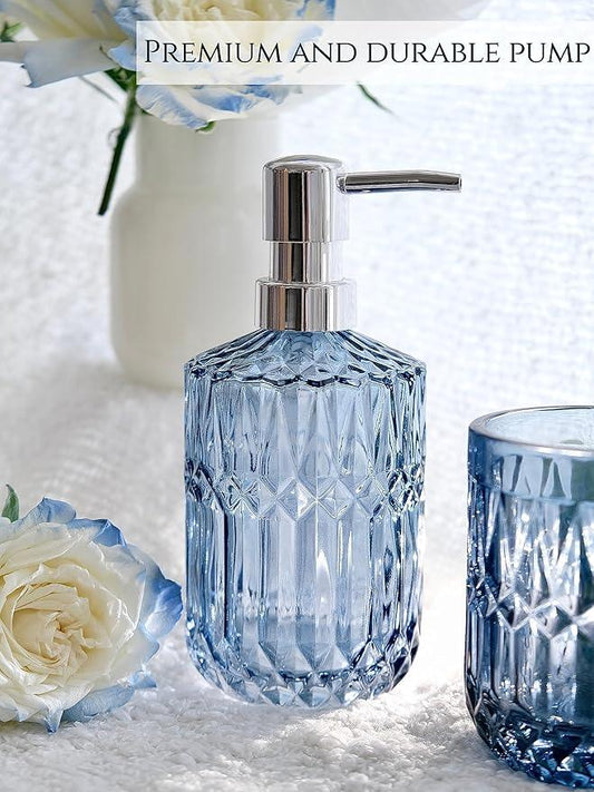 LaMarriti Blue Bathroom Accessories Set, 5Pcs Clear Glass Bathroom Accessories, Hand Soap Dispenser, Soap Dish, Toothbrush Holder Set, Qtips Holder for Crystal Vintage Bath Countertop Decor, Gift Set - ModernBath