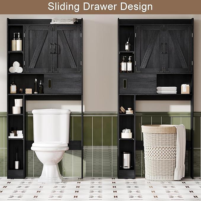 ChooChoo Over The Toilet Storage Cabinet, Farmhouse Bathroom Storage Cabinet with Sliding Door, Over Toilet Storage with Adjustable Shelves, Space-Saving, Black - ModernBath