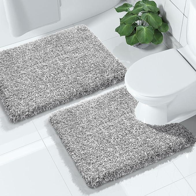 Yimobra Bathroom Rugs Sets 2 Piece, Soft Absorbent Bath Mat and U-Shaped Toilet Rug with Non Slip Backing, Machine Washable, Plush Shaggy Bath Mats for Bathroom, 24"x17"+24"x20", Light Gray and White - ModernBath