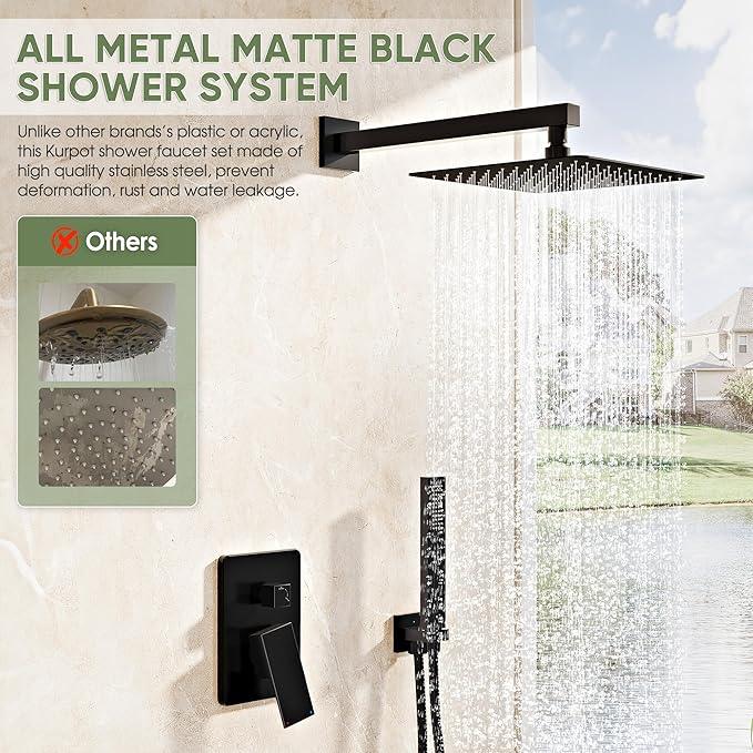 Kurpot Black Shower System, Wall Mounted Shower Faucet Set with Valve, 10-Inch Rainfall Shower Head with Handheld Combo Spray, 59'' Long Shower Hose and Shower Trim Kit, Matte Black - ModernBath
