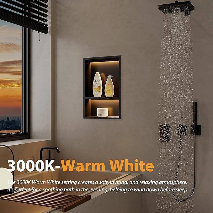 Stainless Steel Shower Niche 12" X 18", No Tile Needed Wall Niche with 3 Selectable Color Temperatures Led Light, Recessed Shower Shelf for Bathroom Storage Over Mount Installation, Matte Black - ModernBath