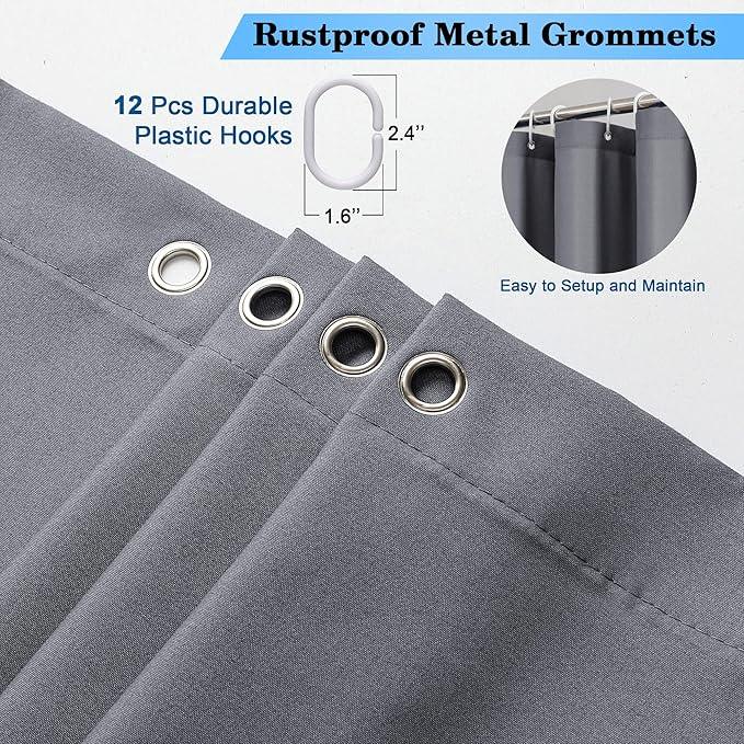 OVZME Zora 78 Inch Shower Curtain Set with 12 Plastic Hooks, Plain Fabric Grey Shower Curtain for Bathroom - Long Shower Curtain, Water Resistance, Machine Washable Soft Cloth, 72WX78L, Grey - ModernBath