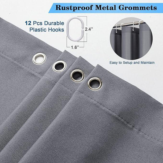 OVZME Zora 96 Inch Shower Curtain Set with 12 Plastic Hooks, Plain Fabric Grey Shower Curtain for Bathroom - Extra Long Shower Curtain, Water Resistance, Machine Washable Soft Cloth, 72WX96L, Grey - ModernBath