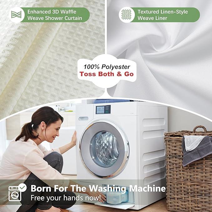 VANZAVANZU Luxury 3 in 1 Shower Curtain Set 3D Textured Waffle Weave Bathroom Curtain with Waterproof SGS Certified Fabric Liner & 12 Anti-Fall Stainless Steel Hooks, Machine Washable 72"x78" (Cream) - ModernBath