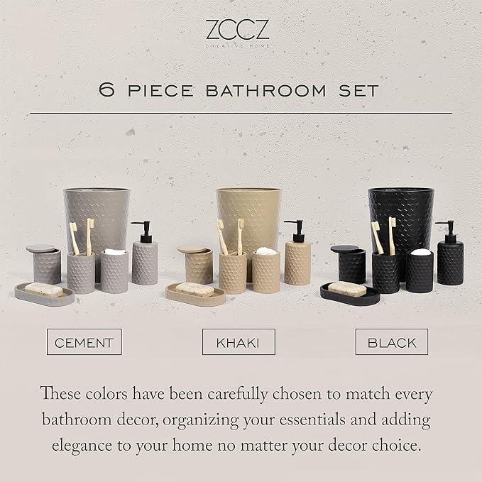 zccz 6 Piece Bathroom Accessories Set, Toothbrush Holder, Toothbrush Cup, Soap Dispenser,Bathroom Vanity Tray, Qtip Holder, Trash Can - Cement - ModernBath