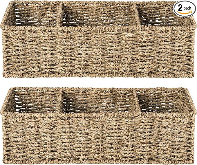 StorageWorks Wicker Toilet Basket Tank Topper, Toilet Paper Basket for Back of Toilet Tank Top, 3-Section Seagrass Storage Baskets for Shelves, 2-Pack - ModernBath