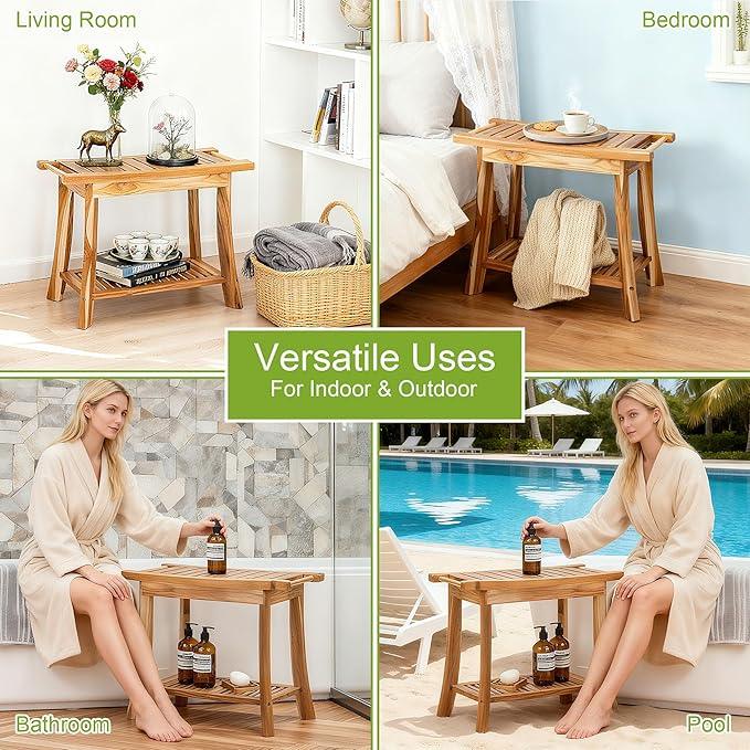 24" Solid Teak Shower Bench with Towel Bar & Storage Shelf - Waterproof Bath Stool with Fixed Non-Slip Feet, 300lbs Capacity, Natural - ModernBath