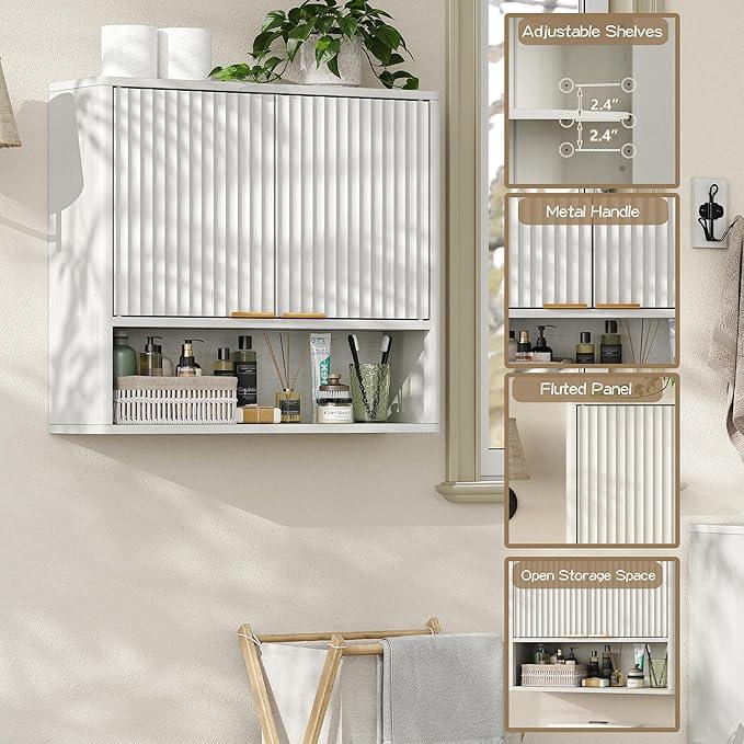 Furnideco Bathroom Medicine Cabinet with Fluted Doors, 3-Tier Modern Wall Cabinet Over Toilet, Small Hanging Storage Cabinet for Bathroom, Antique White - ModernBath