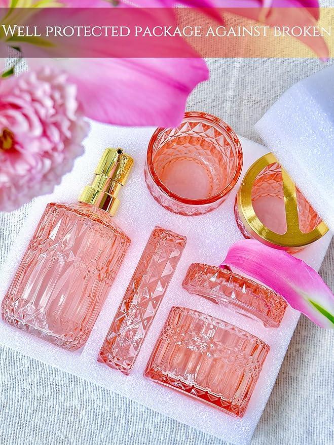 LaMarriti 5pcs Clear Glass Bathroom Accessories Set, Crystal Pink Bathroom Decor Set, Soap Dispenser, Toothbrush Holder Set, Soap Dish, Tumbler, Qtips Holder, Modern Decor for Bathroom, Gift Set - ModernBath