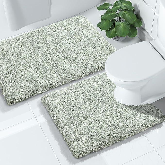 Yimobra Bathroom Rugs Sets 2 Piece, Soft Absorbent Bath Mat and U-Shaped Toilet Rug with Non Slip Backing, Machine Washable, Plush Shaggy Bath Mats for Bathroom, 32"x20"+24"x20", Light Green and White - ModernBath
