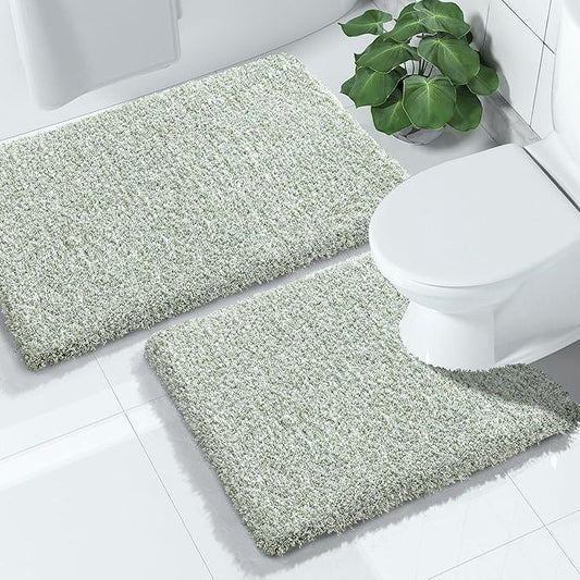 Yimobra Bathroom Rugs Sets 2 Piece, Soft Absorbent Bath Mat and U-Shaped Toilet Rug with Non Slip Backing, Machine Washable, Plush Shaggy Bath Mats for Bathroom, 32"x20"+24"x20", Light Green and White - ModernBath