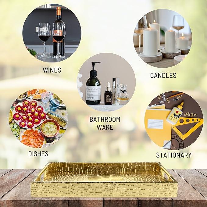 ATZYmolin 17" x 12" Wood Serving Tray with Gold Polished Metal Handles, Home Decorative Wooden Rectangle Ottoman Leather Decor Platter Bathroom Vanity Tray for All Occasions Alligator Gold - ModernBath