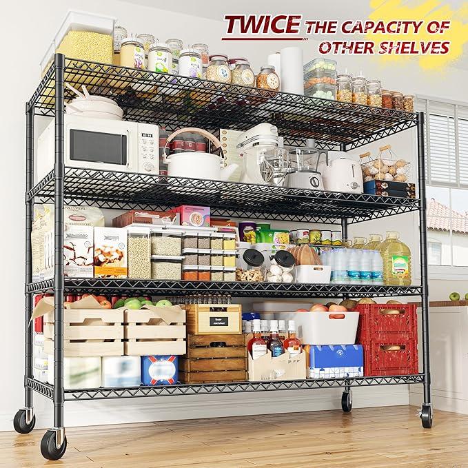 REIBII 55.5''W Storage Shelves 2500LBS Wire Shelving Unit with Wheels Heavy Duty Metal Shelves for Storage Adjustable Garage Storage Rack Pantry Shelf Kitchen Shelving, 75.6" H X 55.5''W X 24" D, 3PCS - ModernBath