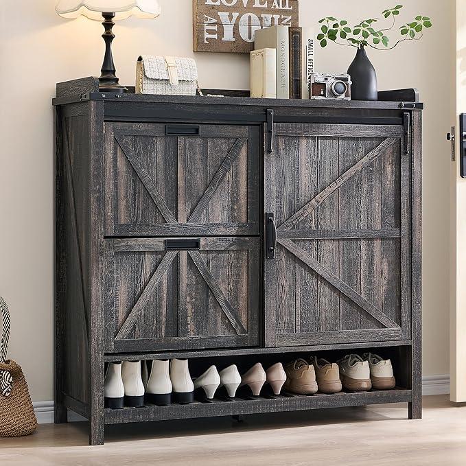 OKD Shoe Storage Cabinet with 2 Flip Drawers & Sliding Door, Farmhouse Entryway Shoe Organizer, Freestanding Rustic Hidden Shoe Rack Cabinet for Entryway, Dark Rustic Oak - ModernBath
