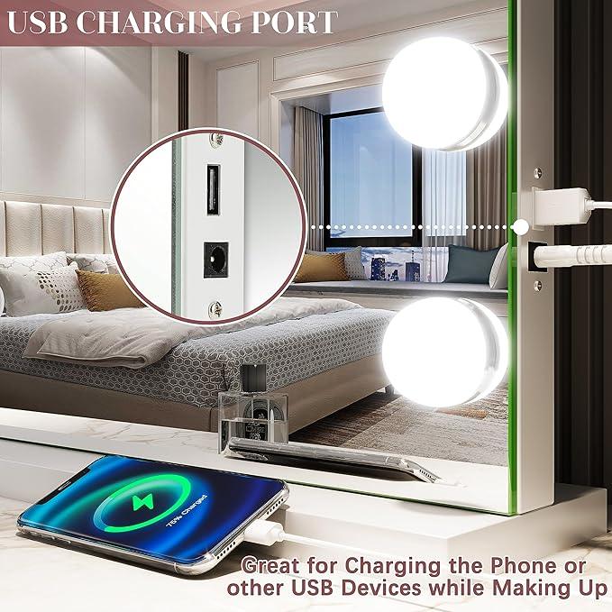 ROLOVE 32"x24" Hollywood Vanity Mirror with Lights, 18 Dimmable LED Bulbs, 3 Color Modes, 10X Magnification, USB Charging Port, Tabletop or Wall-Mounted - ModernBath