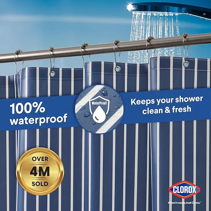 CLOROX Shower Curtain Liner, Premium Striped Medium-Weight Durable Waterproof 6g PEVA for Bathroom with Weighted Magnets, Printed Standard Size 72" x 72", Navy - ModernBath