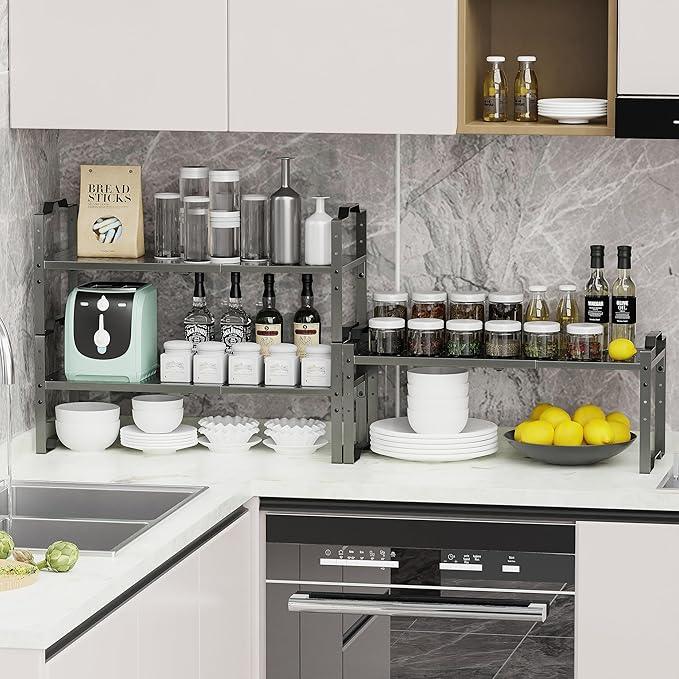 Jojocross Expandable Shelf for Cabinet Organizer Adjustable Stackable Spice Rack at Kitchen and Bathroom More, Counter Countertop Cupboard Organization Pantry Storage (1 Pack/Gun-Grey, Large) - ModernBath