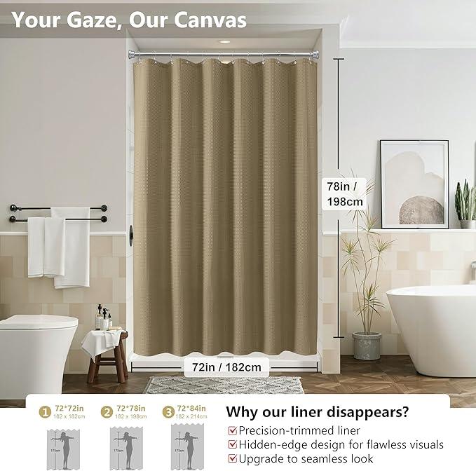 VANZAVANZU Luxury 3 in 1 Shower Curtain Set 3D Textured Waffle Weave Bathroom Curtain with Waterproof SGS Certified Fabric Liner & 12 Anti-Fall Stainless Steel Hooks, Machine Washable 72"x78" (Khaki) - ModernBath