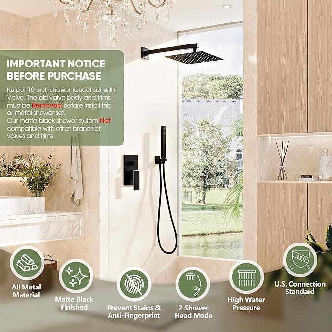 Kurpot Black Shower System, Wall Mounted Shower Faucet Set with Valve, 10-Inch Rainfall Shower Head with Handheld Combo Spray, 59'' Long Shower Hose and Shower Trim Kit, Matte Black - ModernBath