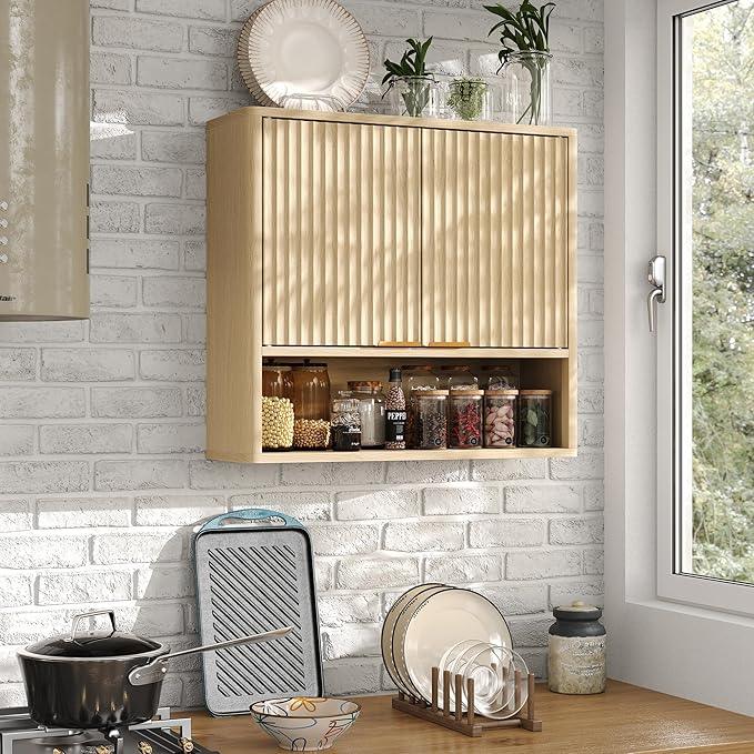 Furnideco Bathroom Medicine Cabinet with Fluted Doors, 3-Tier Modern Wall Cabinet Over Toilet, Small Hanging Storage Cabinet for Bathroom, Natural - ModernBath