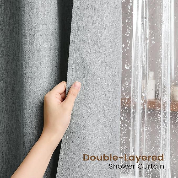 BTTN Grey 3 in 1 Shower Curtain Set, Linen Textured Fabric Shower Curtain and Clear Liner Set with Plastic Hook, Modern Hotel Luxury Weighted Waterproof Shower Curtain for Bathroom, Gray, 72x72 - ModernBath