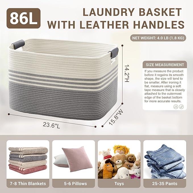 86L Extra Large Laundry Basket with Leather Handles for Living Room Storage, Woven Rope Baskets for Blanket, Kids Toy, Gifts, Wicker Hamper for Bedroom Dirty Clothes, 24"x16"x14" White Grey - ModernBath