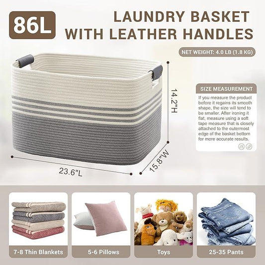 86L Extra Large Laundry Basket with Leather Handles for Living Room Storage, Woven Rope Baskets for Blanket, Kids Toy, Gifts, Wicker Hamper for Bedroom Dirty Clothes, 24"x16"x14" White Grey - ModernBath