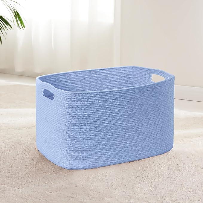 45L Small Baby Girls Laundry Basket for Nursery Storage,Cute Woven cotton Rope Baskets for Kids Toy，Gifts, Boho Square Wicker Blanket hamper for Living Room,Bedroom Dirty Clothes,Blue Purple - ModernBath