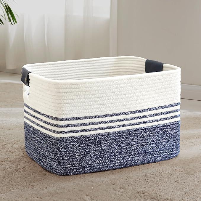 72L Large Laundry Basket with Leather Handles for Living Room Storage, Woven Rope Baskets Bin for Blanket, Kids Toy, Gifts, Wicker Hamper for Bedroom Dirty Clothes, 22"x17"x12" Denim Blue - ModernBath
