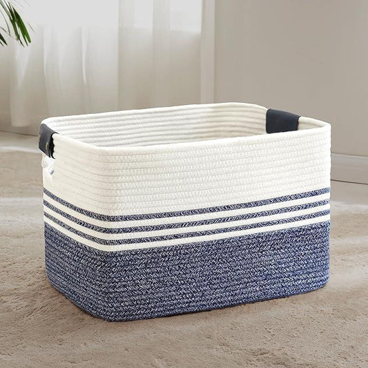 72L Large Laundry Basket with Leather Handles for Living Room Storage, Woven Rope Baskets Bin for Blanket, Kids Toy, Gifts, Wicker Hamper for Bedroom Dirty Clothes, 22"x17"x12" Denim Blue - ModernBath