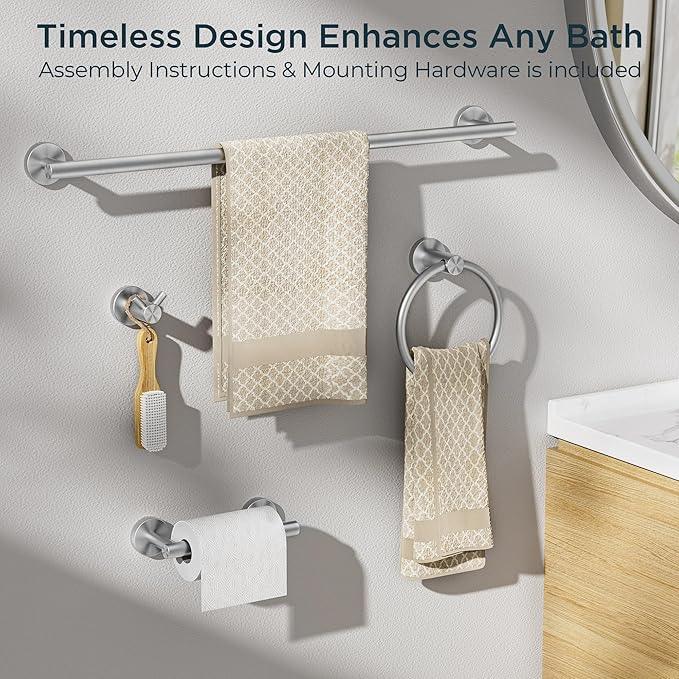 FORIOUS Bathroom Hardware Accessories Set, SUS304 Stainless Steel 24 Inch Towel Bar Set, Modern Towel Racks Holder for Bathroom Wall Mounted, 4 Pieces, Brushed Nickel - ModernBath