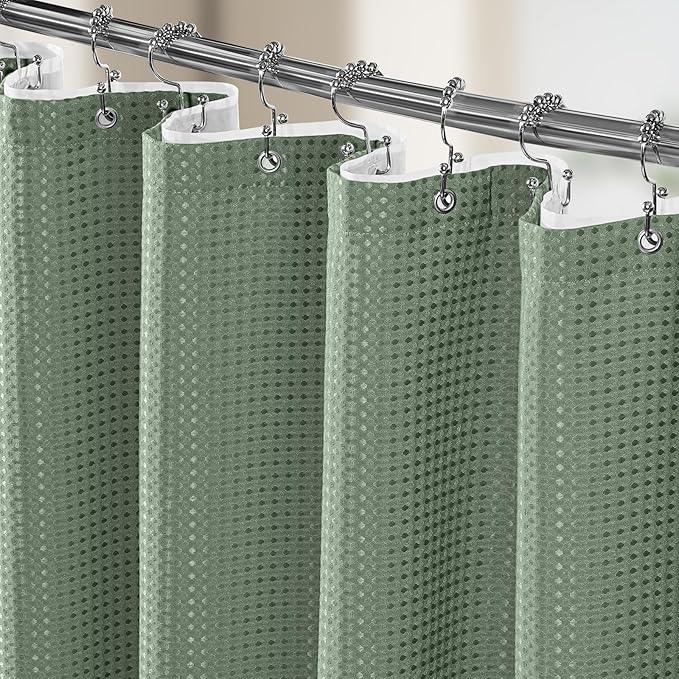 Vipfree 3 in 1 Shower Curtain Set, Waffle Shower Curtain and Liner Set with 12 Double Sided Shower Curtain Hooks, 258GSM Luxury Weighted Cloth Shower Curtains for Bathroom, 72 W x 84 H, Sage Green - ModernBath