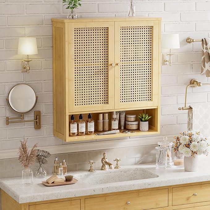 Bathroom Wall Cabinet, Bamboo Over-The-Toilet Storage Organizer with 2 Rattan Doors and Adjustable Shelf, Space Saver Medicine Cabinet for Laundry, Kitchen, Living Room (Natural) - ModernBath