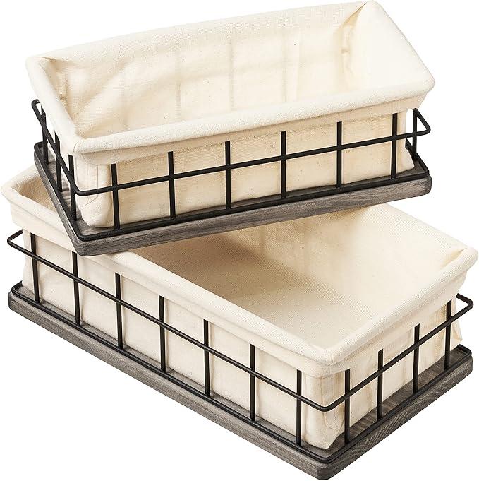 BAOBAB WORKSHOP Set of 2 Metal & Wooden Basket with Liners, Bathroom Basket Organizer & Kitchen Storage Decor, Toilet Paper Baskets for Back of Toilet Tank Tray Topper - ModernBath