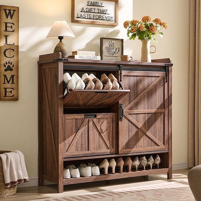 OKD Shoe Storage Cabinet with 2 Flip Drawers & Sliding Door, Farmhouse Entryway Shoe Organizer, Freestanding Rustic Hidden Shoe Rack Cabinet for Entryway, Rustic Walnut - ModernBath