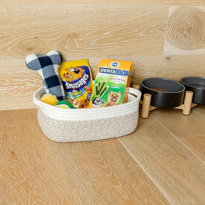 NaturalCozy 5-Piece Rectangle Storage Basket Set- Natural Cotton Rope Woven Baskets for Organizing! Small Basket for Montessori, Baby Nursery, Dog Toy Baskets, Cat Toy Box, Bathroom Organization Bin - ModernBath