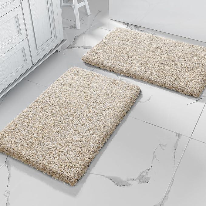 Yimobra Bathroom Rug Set 2 Piece, Soft Absorbent Microfiber Bath Mat Set, Non Slip Machine Washable Dry, Plush Shaggy Shower Rugs for Bathroom Floor, 32"x20"+24"x17", Light Beige & White - ModernBath