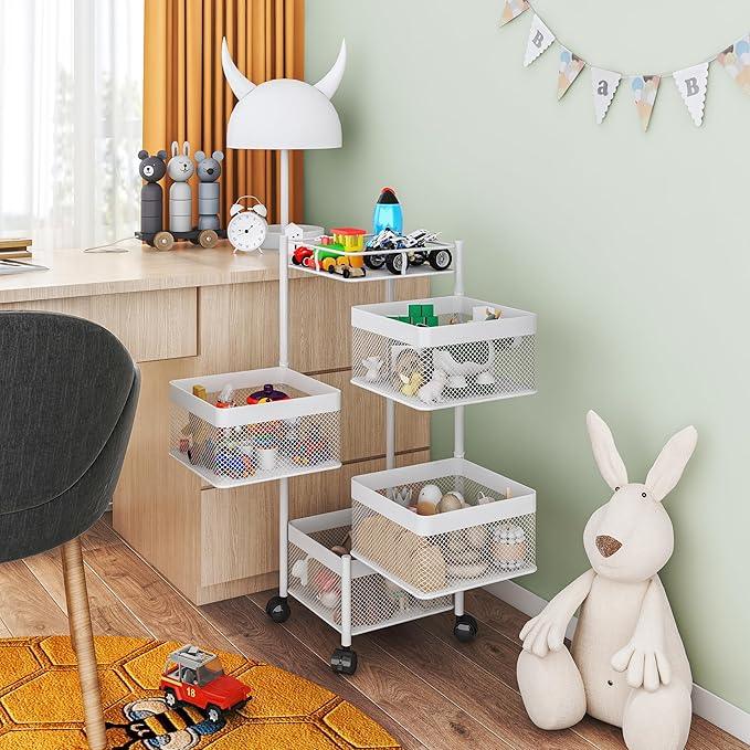 Rotating Kitchen Storage Rack,Fruit and Vegetable Basket Cart,Bathroom Shelf,Kitchen Organization and Storage Rack,Rolling Carts on Wheels(White, 4 Tier-Square) - ModernBath
