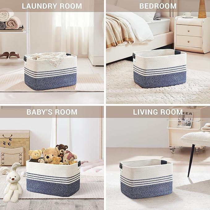 45L Small Laundry Basket with Leather Handles for Living Room Storage, Woven Rope Baskets Bin for Blanket, Kids Toy, Gifts, Wicker Hamper for Bedroom Dirty Clothes, 18"x14"x11" Denim Blue - ModernBath