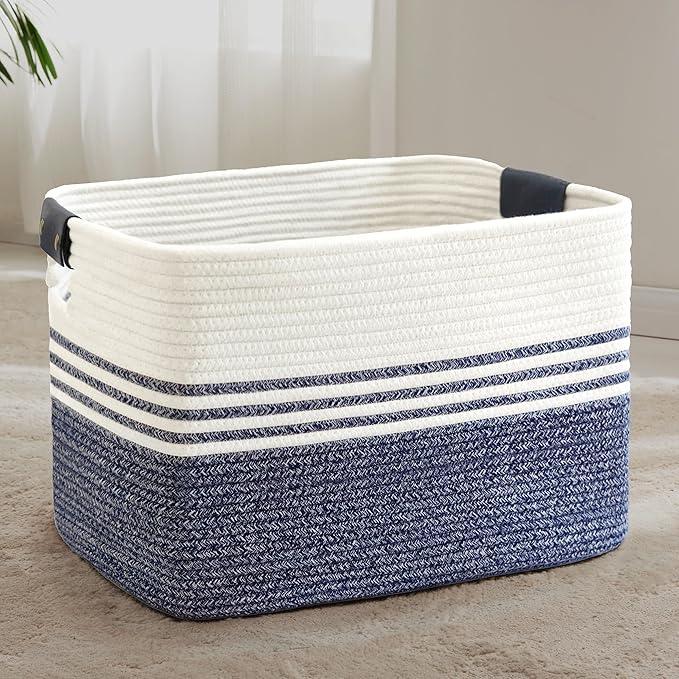 86L Extra Large Laundry Basket with Leather Handles for Living Room Storage, Woven Rope Baskets for Blanket, Kids Toy, Gifts, Wicker Hamper for Bedroom Dirty Clothes, 24"x16"x14" Denim Blue - ModernBath