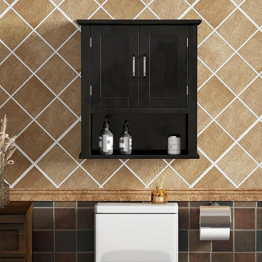 ChooChoo Wood Wall Cabinet with Doors, Medicine Cabinet with Adjustable Shelves Over The Toilet, Hanging Cabinet Wall Mounted for Bathroom, Kitchen, Living Room, Black - ModernBath
