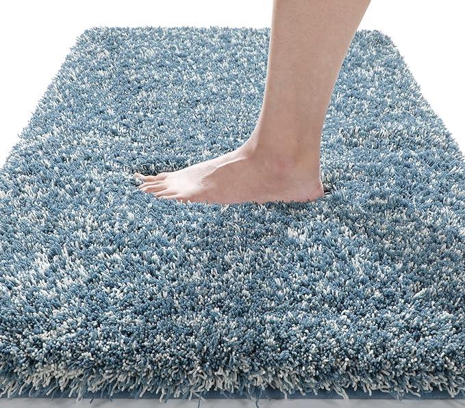 Yimobra Luxury Bathroom Rugs, Fluffy Bath Mats, Non Slip, Water Absorbent Microfiber, Machine Washable, Plush Runner Shower Rugs, Thick Matts for Bathroom Floor&Tub, 60"x 24", Denim Blue and White - ModernBath