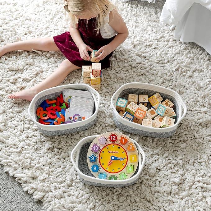 NaturalCozy 5-Piece Rectangle Storage Basket Set- Natural Cotton Rope Woven Baskets for Organizing! Small Basket for Montessori, Baby Nursery, Dog Toy Baskets, Cat Toy Box, Bathroom Organization Bin - ModernBath