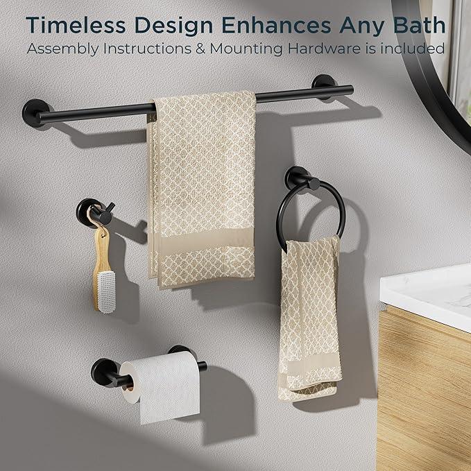 FORIOUS Bathroom Hardware Accessories Set, SUS304 Stainless Steel 24 Inch Towel Bar Set, Modern Towel Racks Holder for Bathroom Wall Mounted, 4 Pieces, Matte Black - ModernBath