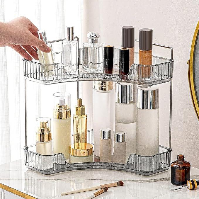 INVSSENE Corner Bathroom Countertop Organizer, 2 Tiers Vanity Trays for Counter, Makeup Organizers, Perfume Tray, Kitchen Spice Rack, Smoky Gray - ModernBath
