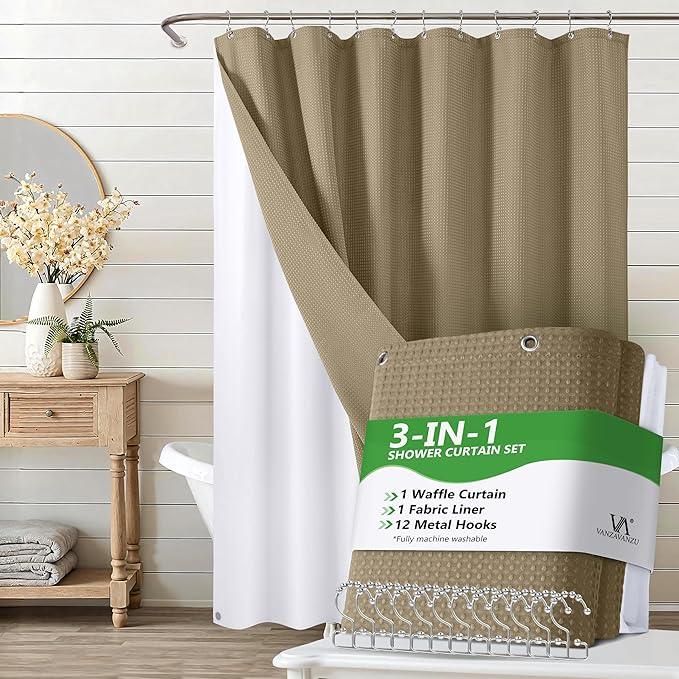 VANZAVANZU Luxury 3 in 1 Shower Curtain Set 3D Textured Waffle Weave Bathroom Curtain with Waterproof SGS Certified Fabric Liner & 12 Anti-Fall Stainless Steel Hooks, Machine Washable 72"x78" (Khaki) - ModernBath