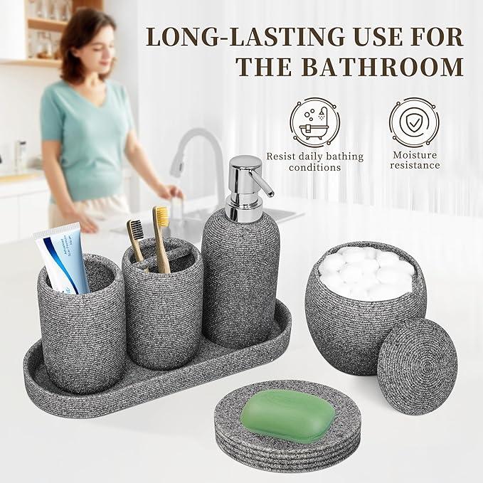 Bathroom Accessory Set, 6PCS Gray Bathroom Accessories - Soap Dish, Lotion Dispenser, Toothbrush Holder, Mouthwash Cup, Tray, Cotton Ball Jar, Aesthetic Decor Bathroom Sets - ModernBath